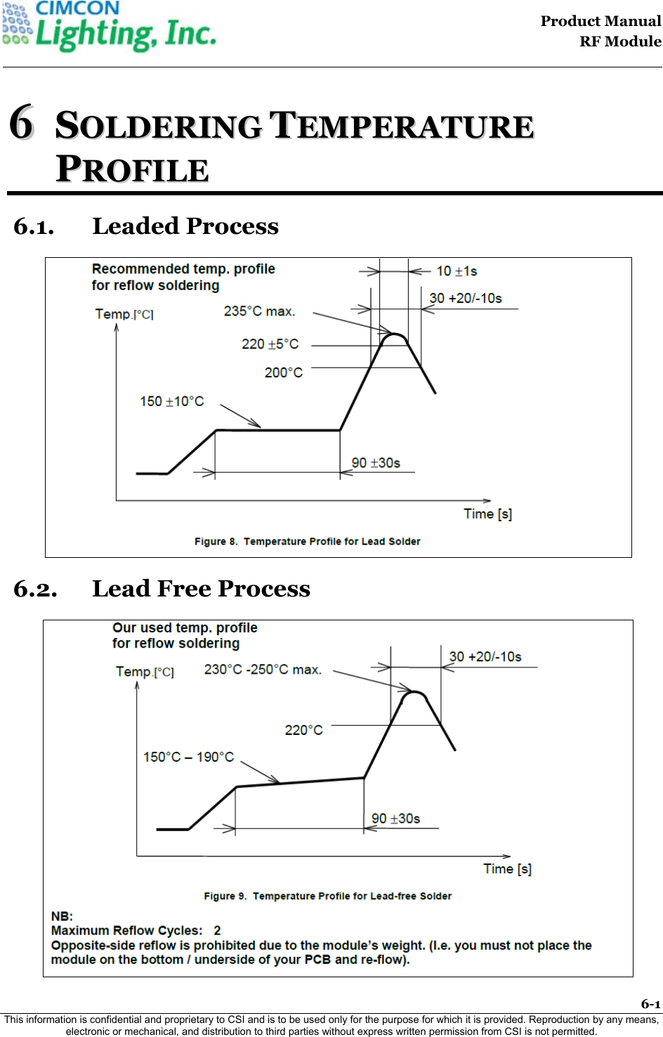                                                                                    Product Manual  RF Module  6-1 This information is confidential and proprietary to CSI and is to be used only for the purpose for which it is provided. Reproduction by any means, electronic or mechanical, and distribution to third parties without express written permission from CSI is not permitted.    66  SSOOLLDDEERRIINNGG  TTEEMMPPEERRAATTUURREE  PPRROOFFIILLEE  6.1. Leaded Process  6.2. Lead Free Process 