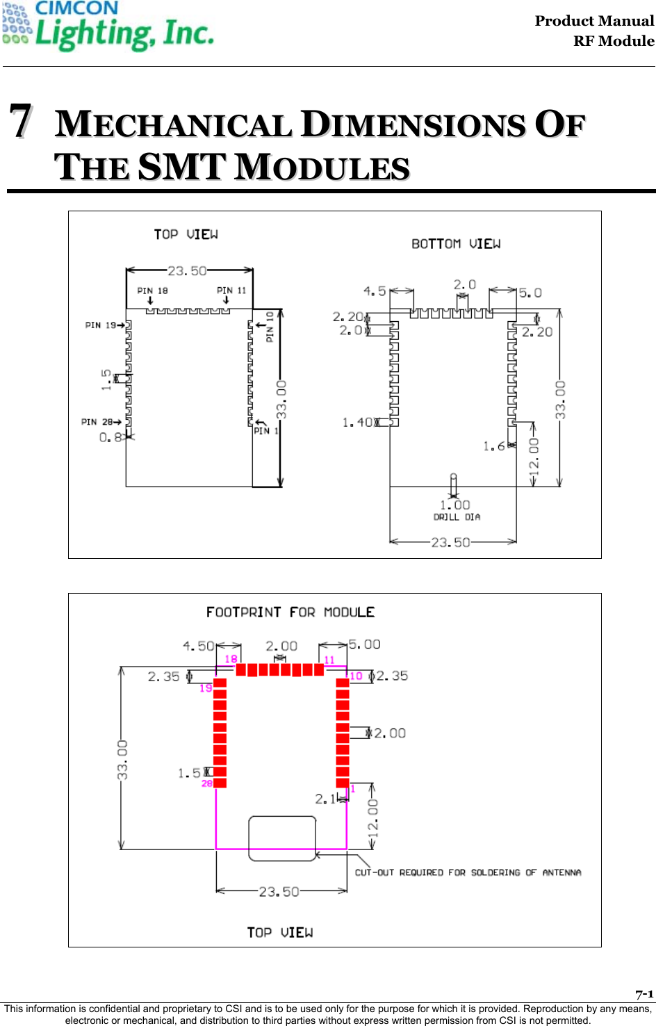                                                                                    Product Manual  RF Module  7-1 This information is confidential and proprietary to CSI and is to be used only for the purpose for which it is provided. Reproduction by any means, electronic or mechanical, and distribution to third parties without express written permission from CSI is not permitted.    77  MMEECCHHAANNIICCAALL  DDIIMMEENNSSIIOONNSS  OOFF  TTHHEE  SSMMTT  MMOODDUULLEESS    