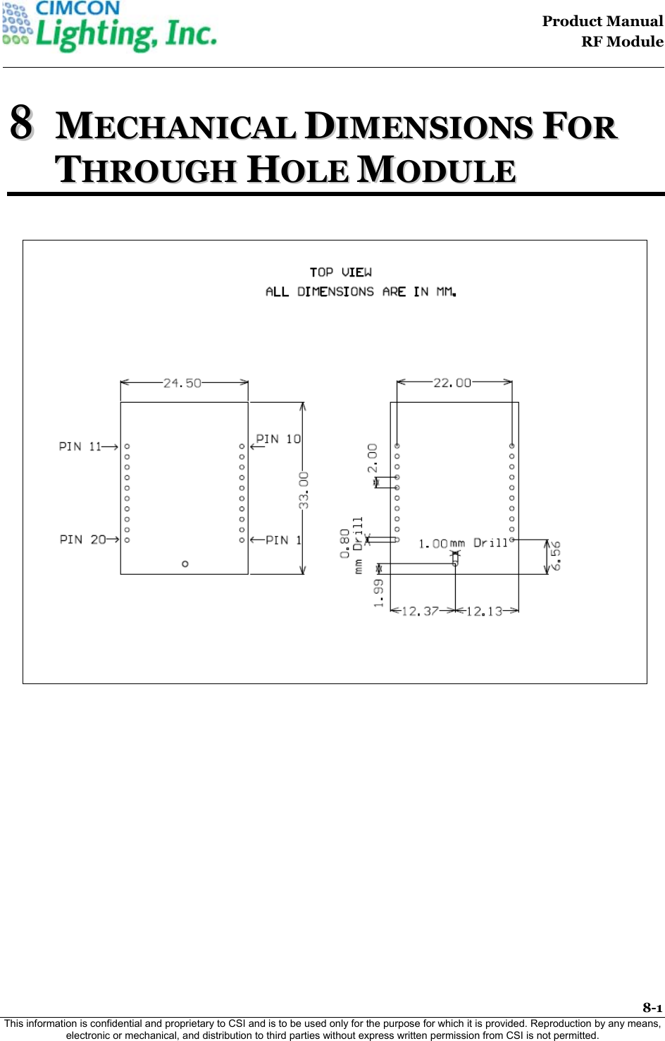                                                                                    Product Manual  RF Module  8-1 This information is confidential and proprietary to CSI and is to be used only for the purpose for which it is provided. Reproduction by any means, electronic or mechanical, and distribution to third parties without express written permission from CSI is not permitted.    88  MMEECCHHAANNIICCAALL  DDIIMMEENNSSIIOONNSS  FFOORR  TTHHRROOUUGGHH  HHOOLLEE  MMOODDUULLEE    