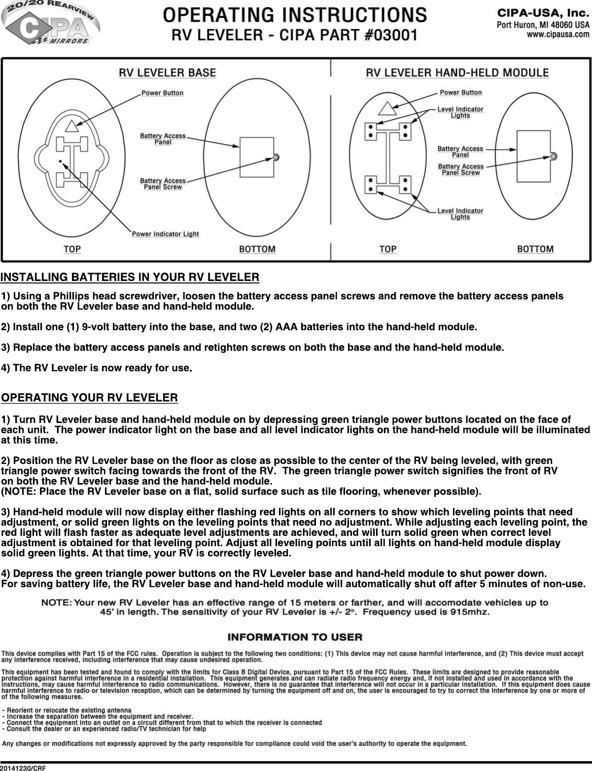 CIPA USA 03001 RV Leveler User Manual RV Level Instructions 20141231 psd