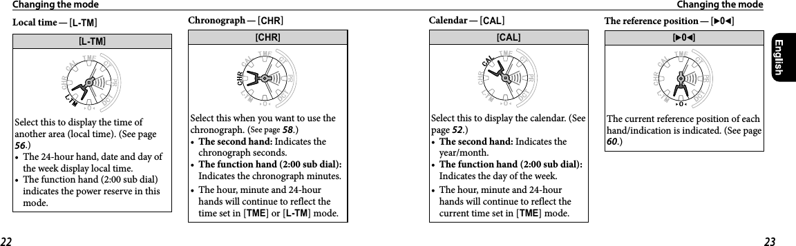 Changing the mode  Changing the modeLocal  time — [L-TM][L-TM]Select this to display the time of another area (local time). (See page 56.)•  The 24-hour hand, date and day of the week display local time.•  The function hand (2:00 sub dial) indicates the power reserve in this mode.Chronograph — [CHR][CHR]Select this when you want to use the chronograph. (See page 58.)•  The second hand: Indicates the chronograph seconds.•  The function hand (2:00 sub dial): Indicates the chronograph minutes.•  The hour, minute and 24-hour hands will continue to reflect the time set in [TME] or [L-TM] mode.Calendar — [CAL][CAL]Select this to display the calendar. (See page 52.)•  The second hand: Indicates the year/month.•  The function hand (2:00 sub dial): Indicates the day of the week.•  The hour, minute and 24-hour hands will continue to reflect the current time set in [TME] mode. The reference position — [302][302]The current reference position of each hand/indication is indicated. (See page 60.)22 23