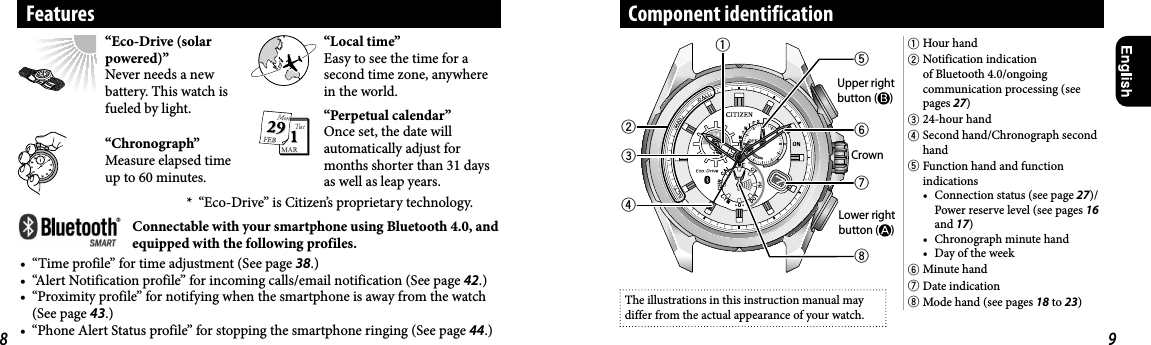 12456783Component identificationFeaturesThe illustrations in this instruction manual may differ from the actual appearance of your watch.1Hour hand2Notification indication of Bluetooth4.0/ongoing communication processing (see pages 27)324-hour hand4Second hand/Chronograph second hand5Function hand and function indications•  Connection status (see page 27)/Power reserve level (see pages 16 and 17)•  Chronograph minute hand•  Day of the week6Minute hand7Date indication8Mode hand (see pages 18 to 23)Upper right button ( )Lower right button ( )Crown*  “Eco-Drive” is Citizen’s proprietary technology.Connectable with your smartphone using Bluetooth4.0, and equipped with the following profiles.•  “Time profile” for time adjustment (See page 38.)•  “Alert Notification profile” for incoming calls/email notification (See page 42.)•  “Proximity profile” for notifying when the smartphone is away from the watch (See page 43.)•  “Phone Alert Status profile” for stopping the smartphone ringing (See page 44.)“Eco-Drive (solar powered)”Never needs a new battery. This watch is fueled by light.“Chronograph”Measure elapsed time up to 60 minutes.“Perpetual calendar”Once set, the date will automatically adjust for months shorter than 31 days as well as leap years.“Local time”Easy to see the time for a second time zone, anywhere in the world.8 9