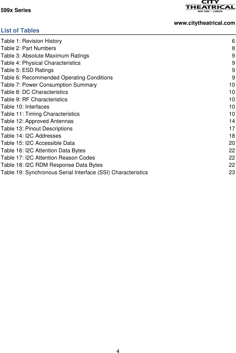 599x Series          www.citytheatrical.com 4  List of Tables Table 1: Revision History  6 Table 2: Part Numbers  8 Table 3: Absolute Maximum Ratings  9 Table 4: Physical Characteristics  9 Table 5: ESD Ratings  9 Table 6: Recommended Operating Conditions  9 Table 7: Power Consumption Summary  10 Table 8: DC Characteristics  10 Table 9: RF Characteristics 10 Table 10: Interfaces  10 Table 11: Timing Characteristics  10 Table 12: Approved Antennas  14 Table 13: Pinout Descriptions  17 Table 14: I2C Addresses  18 Table 15: I2C Accessible Data  20 Table 16: I2C Attention Data Bytes  22 Table 17: I2C Attention Reason Codes  22 Table 18: I2C RDM Response Data Bytes  22 Table 19: Synchronous Serial Interface (SSI) Characteristics  23 