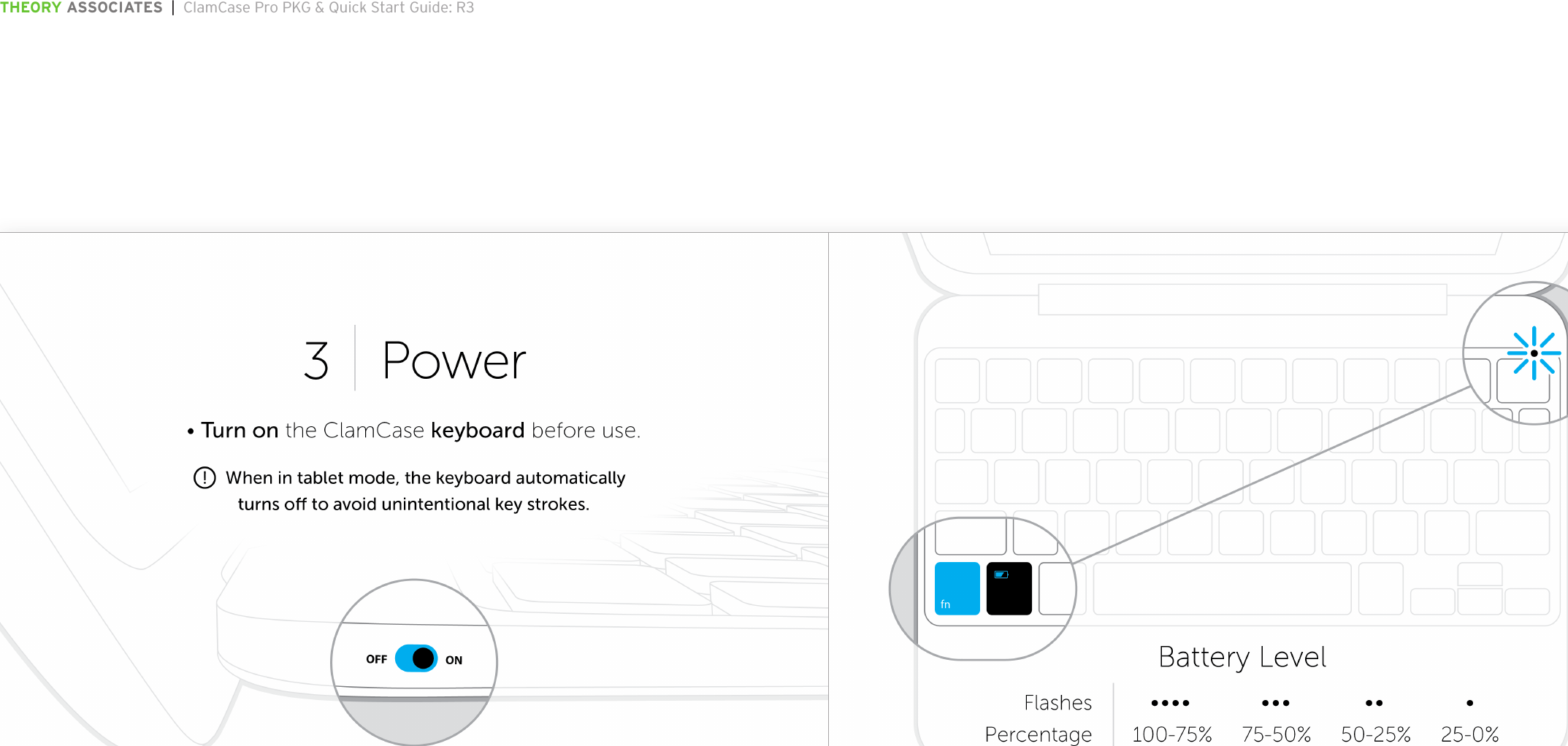 THEORY ASSOCIATES  |  ClamCase Pro PKG &amp; Quick Start Guide: R3The information in this document is conﬁdential and may be legally privileged. It is intended solely for the addressee. Access to this document by anyone else is unauthorized.  If you are not the intended recipient, any disclosure, copying, distribution or any action taken or omitted to be taken in reliance on it, is prohibited and may be unlawful.