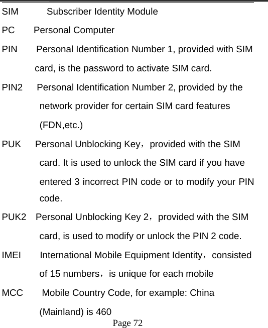 Page 72SIM Subscriber Identity ModulePC Personal ComputerPIN Personal Identification Number 1, provided with SIMcard, is the password to activate SIM card.PIN2 Personal Identification Number 2, provided by thenetwork provider for certain SIM card features(FDN,etc.)PUK Personal Unblocking Key，provided with the SIMcard. It is used to unlock the SIM card if you haveentered 3 incorrect PIN code or to modify your PINcode.PUK2 Personal Unblocking Key 2，provided with the SIMcard, is used to modify or unlock the PIN 2 code.IMEI International Mobile Equipment Identity，consistedof 15 numbers，is unique for each mobileMCC Mobile Country Code, for example: China(Mainland) is 460