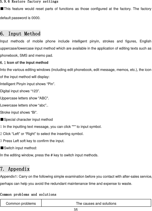  355.9.6 Restore factory settings ■This feature would reset parts of functions as those configured at the factory. The factory default password is 0000.  6. Input Method Input methods of mobile phone include intelligent pinyin, strokes and figures, English uppercase/lowercase input method which are available in the application of editing texts such as phonebook, SMS and memo pad. 6.1 Icon of the input method  Into the various editing windows (including edit phonebook, edit message, memos, etc.), the icon of the input method will display: Intelligent Pinyin input shows “Pin”. Digital input shows “123”. Uppercase letters show &quot;ABC&quot;. Lowercase letters show “abc”.. Stroke input shows “Bi”. ■Special character input method 1 In the inputting text message, you can click &quot;*&quot; to input symbol. 2 Click “Left” or “Right” to select the inserting symbol. 3 Press Left soft key to confirm the input. ■Switch input method: In the editing window, press the # key to switch input methods.  7. Appendix Appendix1: Carry on the following simple examination before you contact with after-sales service, perhaps can help you avoid the redundant maintenance time and expense to waste. Common problems and solutions Common problems The causes and solutions 