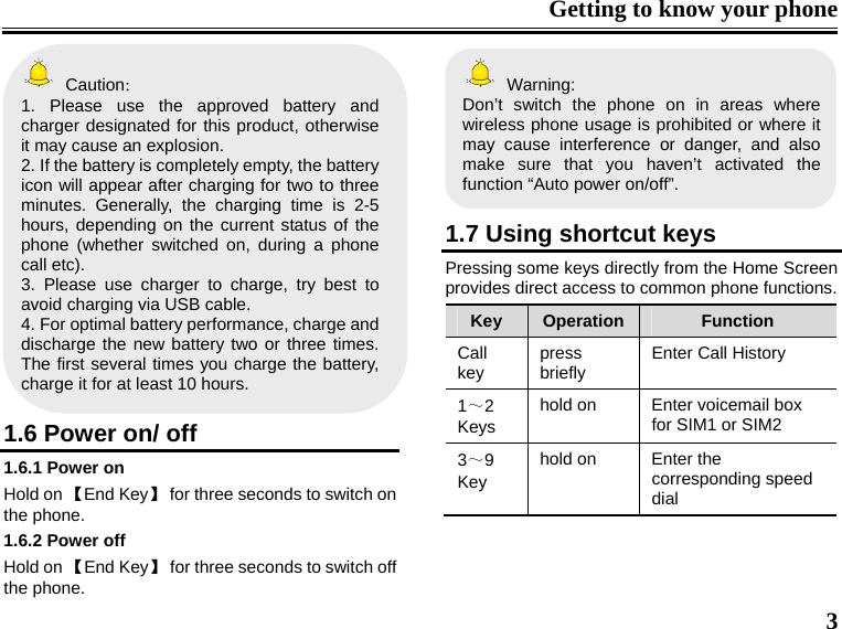 Getting to know your phone  3  Caution： 1. Please use the approved battery and charger designated for this product, otherwise it may cause an explosion. 2. If the battery is completely empty, the battery icon will appear after charging for two to three minutes. Generally, the charging time is 2-5 hours, depending on the current status of the phone (whether switched on, during a phone call etc). 3. Please use charger to charge, try best to avoid charging via USB cable. 4. For optimal battery performance, charge and discharge the new battery two or three times. The first several times you charge the battery, charge it for at least 10 hours.  1.6 Power on/ off 1.6.1 Power on Hold on 【End Key】  for three seconds to switch on the phone. 1.6.2 Power off Hold on 【End Key】  for three seconds to switch off the phone.  Warning: Don’t switch the phone on in areas where wireless phone usage is prohibited or where it may cause interference or danger, and also make sure that you haven’t activated the function “Auto power on/off”.  1.7 Using shortcut keys Pressing some keys directly from the Home Screen provides direct access to common phone functions. Key  Operation Function Call key   press briefly  Enter Call History 1～2 Keys hold on  Enter voicemail box for SIM1 or SIM2 3～9 Key hold on  Enter the corresponding speed dial   