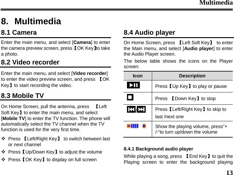 Multimedia  13 8. Multimedia8.1 Camera Enter the main menu, and select [Camera] to enter the camera preview screen, press 【OK Key】to take a photo. 8.2 Video recorder Enter the main menu, and select [Video recorder] to enter the video preview screen, and press  【OK Key】to start recording the video. 8.3 Mobile TV On Home Screen, pull the antenna, press    【Left Soft Key】to enter the main menu, and select [Mobile TV] to enter the TV function. The phone will automatically select the TV channel when the TV function is used for the very first time.  Press 【Left/Right Key】  to switch between last or next channel  Press【Up/Down Key】to adjust the volume  Press【OK Key】to display on full screen 8.4 Audio player On Home Screen, press  【Left Soft Key】 to enter the Main menu, and select [Audio player] to enter the Audio Player screen. The below table shows the icons on the Player screen: Icon  Description  Press【Up Key】to play or pause  Press 【Down Key】to stop   /   Press【Left/Right Key】to skip to last /next one   Show the playing volume, press”+ /-“to turn up/down the volume  8.4.1 Background audio player While playing a song, press  【End Key】to quit the Playing screen to enter the background playing 