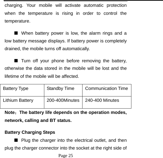   Page 25  charging. Your mobile will activate automatic protection when the temperature is rising in order to control the temperature.  ■  When battery power is low, the alarm rings and a low battery message displays. If battery power is completely drained, the mobile turns off automatically.   ■  Turn off your phone before removing the battery, otherwise the data stored in the mobile will be lost and the lifetime of the mobile will be affected.   Battery Type  Standby Time  Communication Time Lithium Battery    200-400Minutes 240-400 Minutes Note：The battery life depends on the operation modes, network, calling and BT status.   Battery Charging Steps ■  Plug the charger into the electrical outlet, and then plug the charger connector into the socket at the right side of 