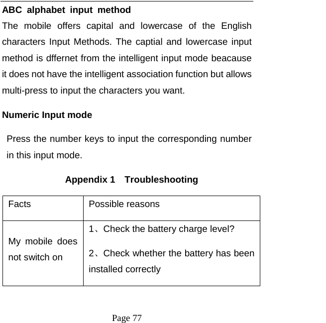   Page 77  ABC alphabet input method The mobile offers capital and lowercase of the English  characters Input Methods. The captial and lowercase input method is dffernet from the intelligent input mode beacause it does not have the intelligent association function but allows multi-press to input the characters you want.   Numeric Input mode Press the number keys to input the corresponding number in this input mode.     Appendix 1  Troubleshooting Facts Possible reasons My mobile does not switch on 1、Check the battery charge level? 2、Check whether the battery has been installed correctly 