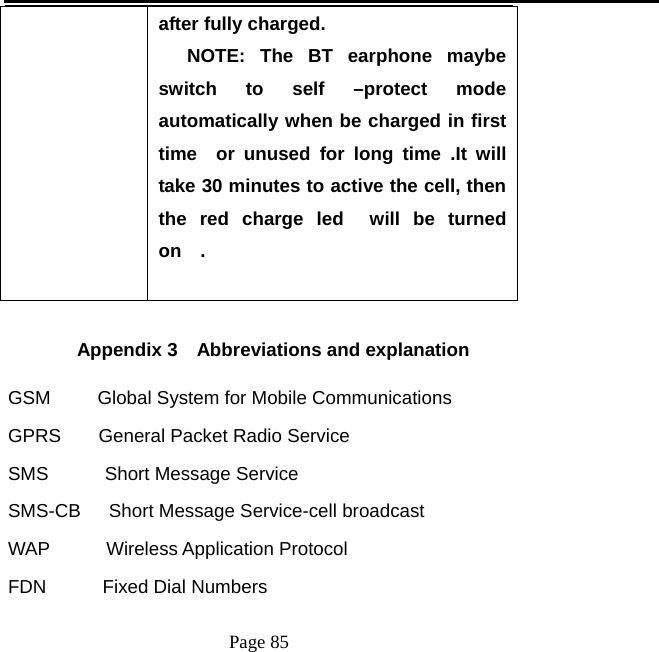   Page 85  after fully charged.    NOTE: The BT earphone maybe switch to self –protect mode automatically when be charged in first time  or unused for long time .It will take 30 minutes to active the cell, then the red charge led  will be turned on  .         Appendix 3    Abbreviations and explanation   GSM     Global System for Mobile Communications GPRS  General Packet Radio Service SMS      Short Message Service SMS-CB   Short Message Service-cell broadcast WAP   Wireless Application Protocol FDN      Fixed Dial Numbers  