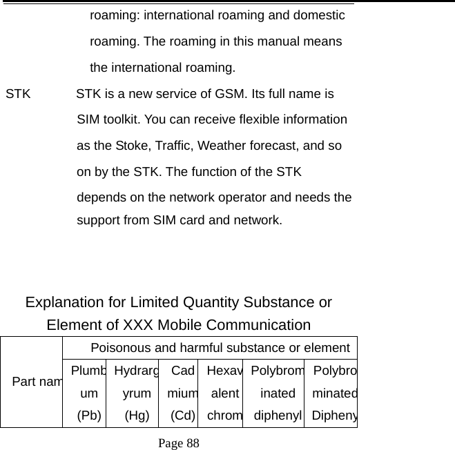   Page 88  roaming: international roaming and domestic   roaming. The roaming in this manual means   the international roaming. STK              STK is a new service of GSM. Its full name is   SIM toolkit. You can receive flexible information   as the Stoke, Traffic, Weather forecast, and so   on by the STK. The function of the STK depends on the network operator and needs the support from SIM card and network.   Explanation for Limited Quantity Substance or Element of XXX Mobile Communication Part namPoisonous and harmful substance or elementPlumbum (Pb) Hydrargyrum(Hg)Cadmium(Cd)Hexavalent chromPolybrominated diphenylPolybrominatedDipheny