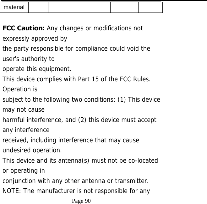   Page 90  material  FCC Caution: Any changes or modifications not expressly approved by the party responsible for compliance could void the user&apos;s authority to operate this equipment. This device complies with Part 15 of the FCC Rules. Operation is subject to the following two conditions: (1) This device may not cause harmful interference, and (2) this device must accept any interference received, including interference that may cause undesired operation. This device and its antenna(s) must not be co-located or operating in conjunction with any other antenna or transmitter. NOTE: The manufacturer is not responsible for any 