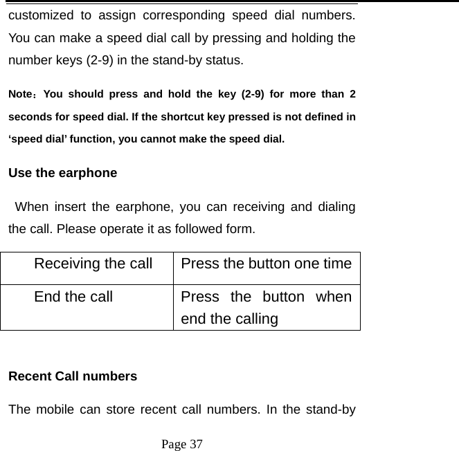   Page 37  customized to assign corresponding speed dial numbers. You can make a speed dial call by pressing and holding the number keys (2-9) in the stand-by status.   Note：You should press and hold the key (2-9) for more than 2 seconds for speed dial. If the shortcut key pressed is not defined in ‘speed dial’ function, you cannot make the speed dial.  Use the earphone    When insert the earphone, you can receiving and dialing the call. Please operate it as followed form. Receiving the call  Press the button one timeEnd the call  Press  the  button  when end the calling    Recent Call numbers The mobile can store recent call numbers. In the stand-by 