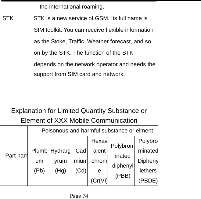   Page 74  the international roaming. STK              STK is a new service of GSM. Its full name is   SIM toolkit. You can receive flexible information   as the Stoke, Traffic, Weather forecast, and so   on by the STK. The function of the STK depends on the network operator and needs the support from SIM card and network.   Explanation for Limited Quantity Substance or Element of XXX Mobile Communication Poisonous and harmful substance or elmentPart namPlumbum (Pb) Hydrargyrum(Hg)Cadmium(Cd)Hexavalent chrome (Cr(VI)Polybrominated diphenyl(PBB)PolybrominatedDiphenylethers(PBDE)