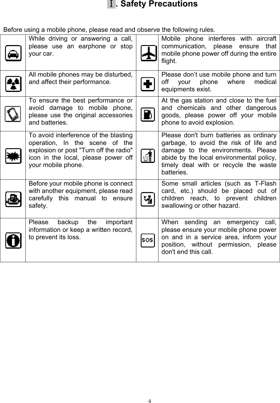  4  Ⅰ. Safety Precautions Before using a mobile phone, please read and observe the following rules.   While driving or answering a call, please use an earphone or stop your car. Mobile phone interferes with aircraft communication, please ensure that mobile phone power off during the entire flight.  All mobile phones may be disturbed, and affect their performance. Please don’t use mobile phone and turn off your phone where medical equipments exist.    To ensure the best performance or avoid damage to mobile phone, please use the original accessories and batteries. At the gas station and close to the fuel and chemicals and other dangerous goods, please power off your mobile phone to avoid explosion.  To avoid interference of the blasting operation, In the scene of the explosion or post &quot;Turn off the radio&quot; icon in the local, please power off your mobile phone. Please don&apos;t burn batteries as ordinary garbage, to avoid the risk of life and damage to the environments. Please abide by the local environmental policy, timely deal with or recycle the waste batteries.  Before your mobile phone is connect with another equipment, please read carefully this manual to ensure safety. Some small articles (such as T-Flash card, etc.) should be placed out of children reach, to prevent children swallowing or other hazard.  Please backup the important information or keep a written record, to prevent its loss. When sending an emergency call, please ensure your mobile phone power on and in a service area, inform your position, without permission, please don&apos;t end this call.            