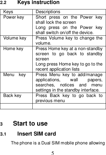 5 2.2  Keys instruction Keys Descriptions Power key Short  press  on  the  Power  key shall lock the screen   Long  press  on  the  Power  key shall switch on/off the device. Volume key Press Volume key to change the volume. Home key Press Home key at a non-standby screen  to  go  back  to  standby screen Long press Home key to go to the recent application lists Menu    key Press  Menu  key  to  add/manage applications,  wall  papers, searches,  notices  and  menu settings in the standby interface. Back key Press  Back  key  to  go  back  to previous menu    3  Start to use 3.1  Insert SIM card   The phone is a Dual SIM mobile phone allowing 