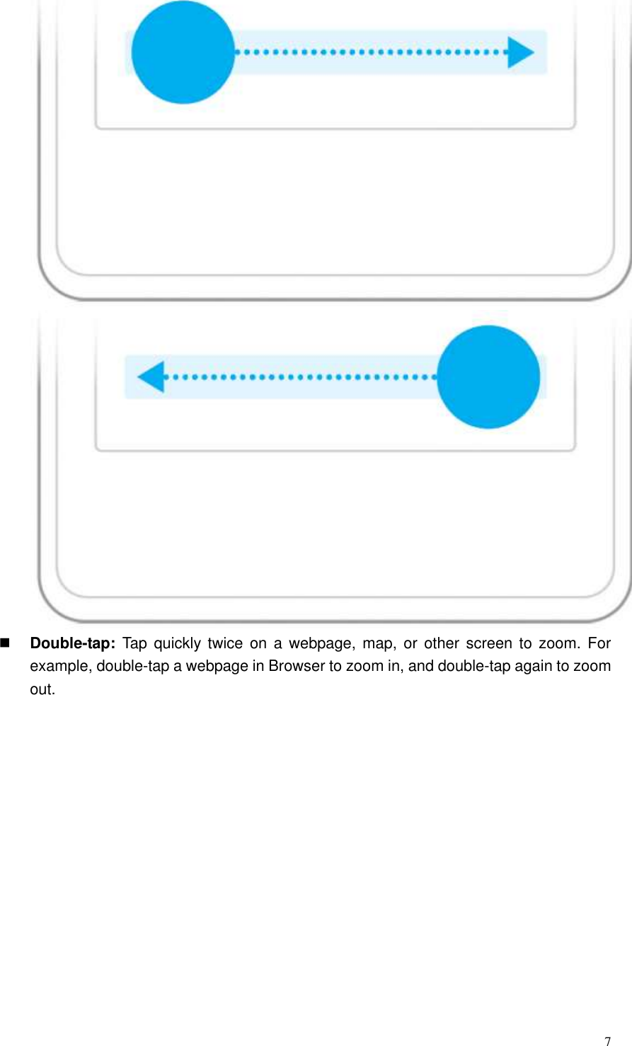  7   Double-tap:  Tap  quickly  twice  on  a  webpage, map, or other screen to zoom. For example, double-tap a webpage in Browser to zoom in, and double-tap again to zoom out.   