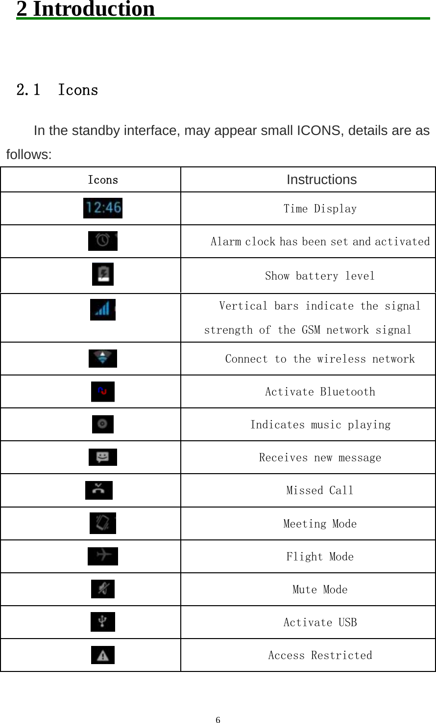   62 Introduction                                2.1  Icons In the standby interface, may appear small ICONS, details are as follows: Icons  Instructions  Time Display  Alarm clock has been set and activated Show battery level  Vertical bars indicate the signal strength of the GSM network signal  Connect to the wireless network  Activate Bluetooth  Indicates music playing  Receives new message  Missed Call  Meeting Mode  Flight Mode  Mute Mode  Activate USB  Access Restricted 