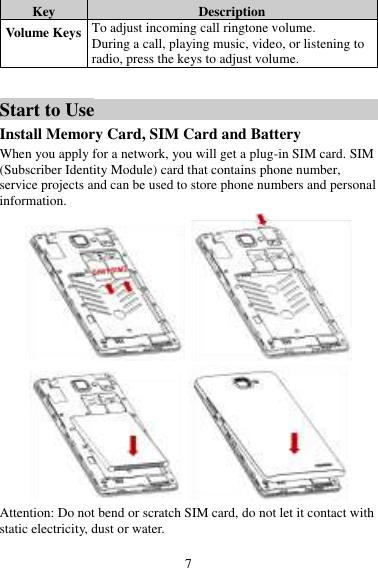 7 Key Description Volume Keys To adjust incoming call ringtone volume. During a call, playing music, video, or listening to radio, press the keys to adjust volume.  Start to Use Install Memory Card, SIM Card and Battery When you apply for a network, you will get a plug-in SIM card. SIM (Subscriber Identity Module) card that contains phone number, service projects and can be used to store phone numbers and personal information.     Attention: Do not bend or scratch SIM card, do not let it contact with static electricity, dust or water. 