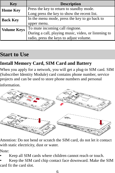 6 Key  Description Home Key  Press the key to return to standby mode. Long press the key to show the recent list. Back Key  In the menu mode, press the key to go back to upper menu. Volume Keys To mute incoming call ringtone. During a call, playing music, video, or listening to radio, press the keys to adjust volume. Start to Use Install Memory Card, SIM Card and Battery When you apply for a network, you will get a plug-in SIM card. SIM (Subscriber Identity Module) card contains phone number, service projects and can be used to store phone numbers and personal   information.   Attention: Do not bend or scratch the SIM card, do not let it contact with static electricity, dust or water. Note: ▪ Keep all SIM cards where children cannot reach or touch. ▪ Keep the SIM card chip contact face downward. Make the SIM card fit the card slot. 