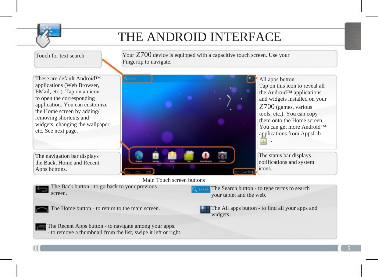    THE ANDROID INTERFACE Touch for text search These are default Android™ applications (Web Browser, EMail, etc.). Tap on an icon to open the corresponding application. You can customize the Home screen by adding/ removing shortcuts and widgets, changing the wallpaper etc. See next page. The navigation bar displays the Back, Home and Recent Apps buttons.                                 Main Touch screen buttonsThe Back button - to go back to your previous screen. The Home button - to return to the main screen.The Recent Apps button - to navigate among your apps.- to remove a thumbnail from the list, swipe it left or right.Your Z700 device is equipped with a capacitive touch screen. Use your Fingertip to navigate.All apps button Tap on this icon to reveal all the Android™ applications and widgets installed on your Z700 (games, various tools, etc.). You can copy them onto the Home screen. You can get more Android™ applications from AppsLib     . The status bar displays notifications and system icons. The Search button - to type terms to search your tablet and the web.The All apps button - to find all your apps andwidgets.5 