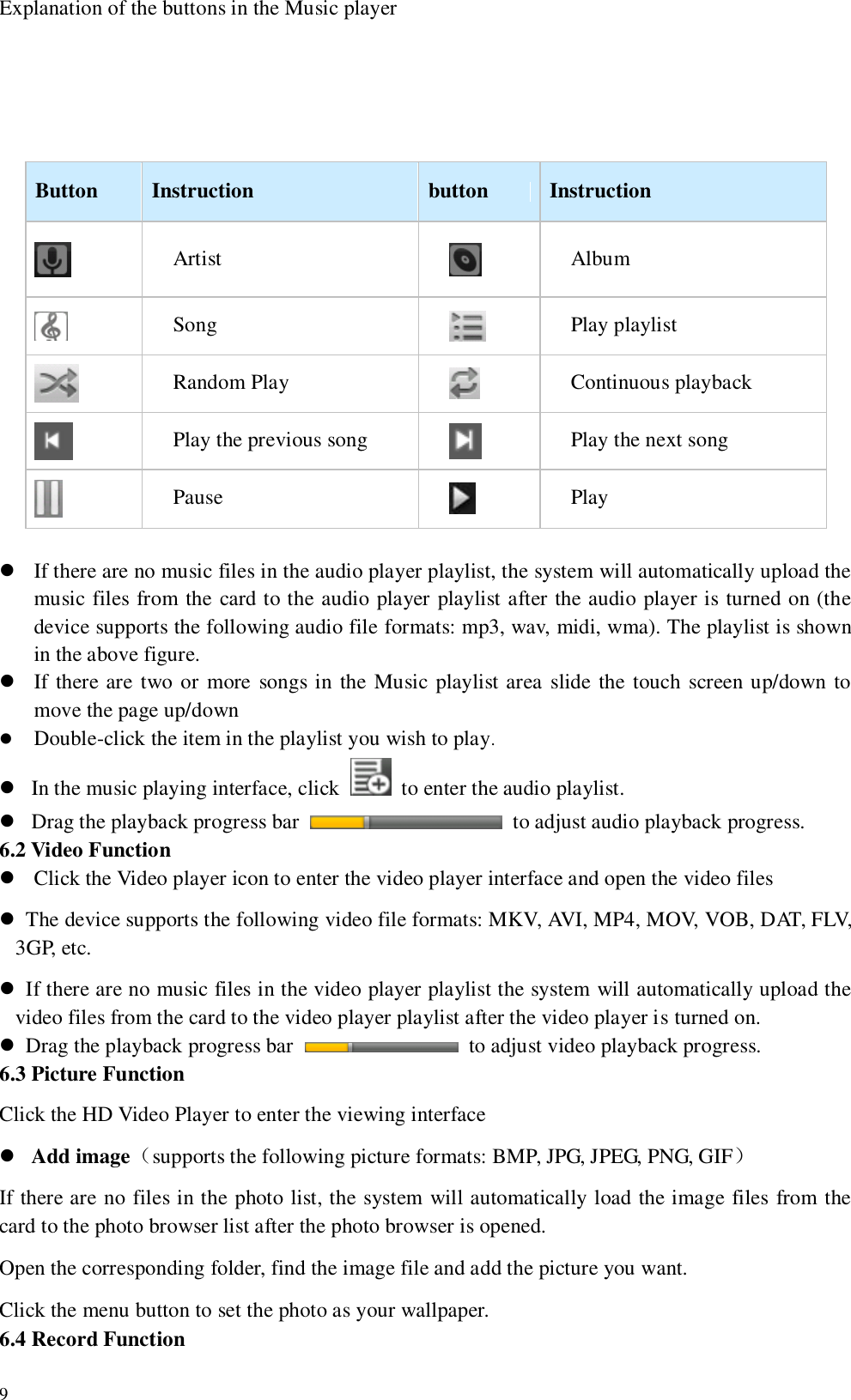   9 Explanation of the buttons in the Music player      Button Instruction button Instruction  Artist  Album  Song  Play playlist  Random Play  Continuous playback  Play the previous song  Play the next song  Pause  Play   If there are no music files in the audio player playlist, the system will automatically upload the music files from the card to the audio player playlist after the audio player is turned on (the device supports the following audio file formats: mp3, wav, midi, wma). The playlist is shown in the above figure.  If there are two or  more songs in the Music playlist area slide the touch screen up/down to move the page up/down  Double-click the item in the playlist you wish to play.  In the music playing interface, click    to enter the audio playlist.  Drag the playback progress bar    to adjust audio playback progress. 6.2 Video Function  Click the Video player icon to enter the video player interface and open the video files     The device supports the following video file formats: MKV, AVI, MP4, MOV, VOB, DAT, FLV, 3GP, etc.   If there are no music files in the video player playlist the system will automatically upload the video files from the card to the video player playlist after the video player is turned on.   Drag the playback progress bar    to adjust video playback progress. 6.3 Picture Function Click the HD Video Player to enter the viewing interface  Add image（supports the following picture formats: BMP, JPG, JPEG, PNG, GIF） If there are no files in the photo list, the system will automatically load the image files from the card to the photo browser list after the photo browser is opened. Open the corresponding folder, find the image file and add the picture you want. Click the menu button to set the photo as your wallpaper. 6.4 Record Function 