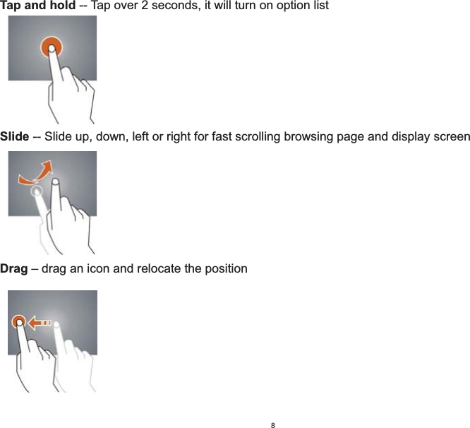 Tap and hold -- Tap over 2 seconds, it will turn on option listSlide -- Slide up, down, left or right for fast scrolling browsing page and display screenDrag – drag an icon and relocate the position8