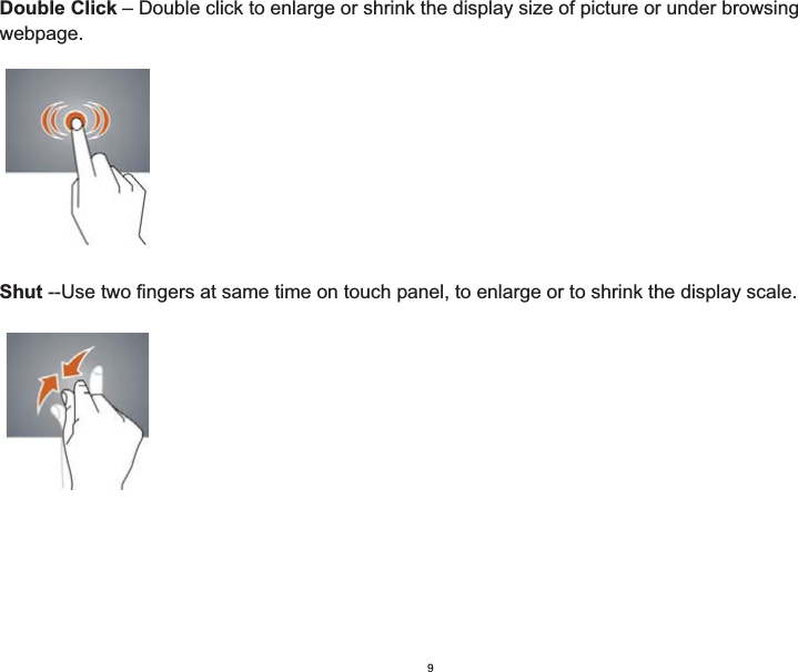 Double Click – Double click to enlarge or shrink the display size of picture or under browsing webpage.Shut --Use two fingers at same time on touch panel, to enlarge or to shrink the display scale.9