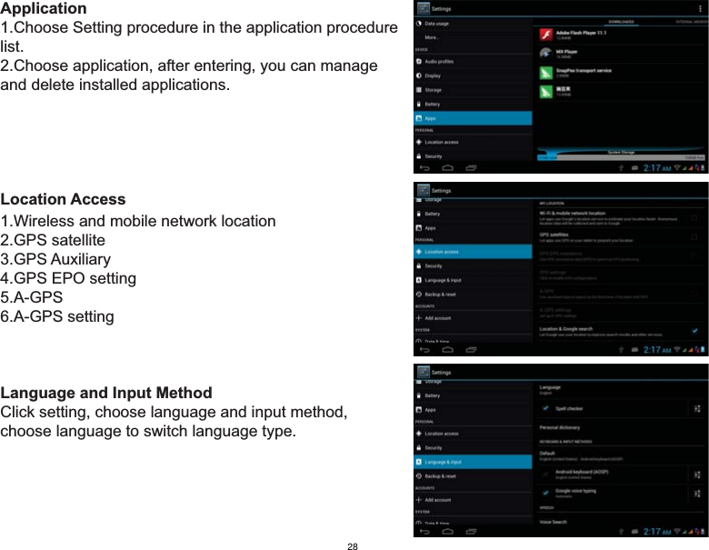 Application1.Choose Setting procedure in the application procedurelist.2.Choose application, after entering, you can manageand delete installed applications.Location Access1.Wireless and mobile network location2.GPS satellite 3.GPS Auxiliary4.GPS EPO setting5.A-GPS6.A-GPS settingLanguage and Input MethodClick setting, choose language and input method, choose language to switch language type.28