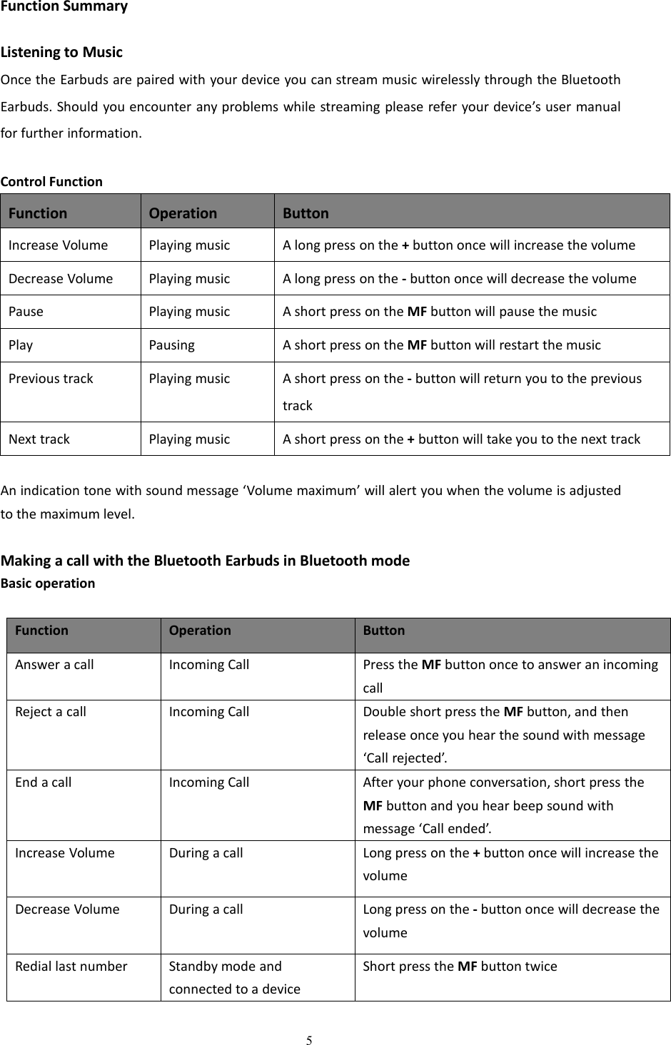 5Function SummaryListening to MusicOnce the Earbuds are paired with your device you can stream music wirelessly through the BluetoothEarbuds. Should you encounter any problems while streaming please refer your device&rsquo;s user manualfor further information.Control FunctionFunctionOperationButtonIncrease VolumePlaying musicA long press on the +button once will increase the volumeDecrease VolumePlaying musicA long press on the -button once will decrease the volumePausePlaying musicA short press on the MF button will pause the musicPlayPausingA short press on the MF button will restart the musicPrevious trackPlaying musicA short press on the -button will return you to the previoustrackNext trackPlaying musicA short press on the +button will take you to the next trackAn indication tone with sound message &lsquo;Volume maximum&rsquo; will alert you when the volume is adjustedto the maximum level.Making a call with the Bluetooth Earbuds in Bluetooth modeBasic operationFunctionOperationButtonAnswer a callIncoming CallPress the MF button once to answer an incomingcallReject a callIncoming CallDouble short press the MF button, and thenrelease once you hear the sound with message&lsquo;Call rejected&rsquo;.End a callIncoming CallAfter your phone conversation, short press theMF button and you hear beep sound withmessage &lsquo;Call ended&rsquo;.Increase VolumeDuring a callLong press on the +button once will increase thevolumeDecrease VolumeDuring a callLong press on the -button once will decrease thevolumeRedial last numberStandby mode andconnected to a deviceShort press the MF button twice