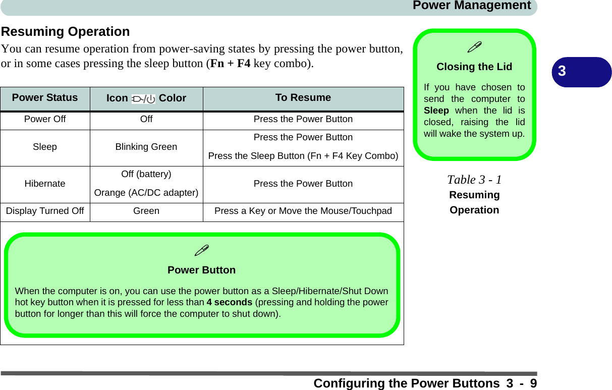 Power ManagementConfiguring the Power Buttons 3 - 93Resuming OperationYou can resume operation from power-saving states by pressing the power button,or in some cases pressing the sleep button (Fn + F4 key combo).Power Status Icon  Color To ResumePower Off Off Press the Power ButtonSleep Blinking Green Press the Power ButtonPress the Sleep Button (Fn + F4 Key Combo)Hibernate Off (battery) Press the Power ButtonOrange (AC/DC adapter)Display Turned Off Green Press a Key or Move the Mouse/TouchpadClosing the LidIf you have chosen tosend the computer toSleep when the lid isclosed, raising the lidwill wake the system up.Table 3 - 1Resuming OperationPower ButtonWhen the computer is on, you can use the power button as a Sleep/Hibernate/Shut Downhot key button when it is pressed for less than 4 seconds (pressing and holding the powerbutton for longer than this will force the computer to shut down).