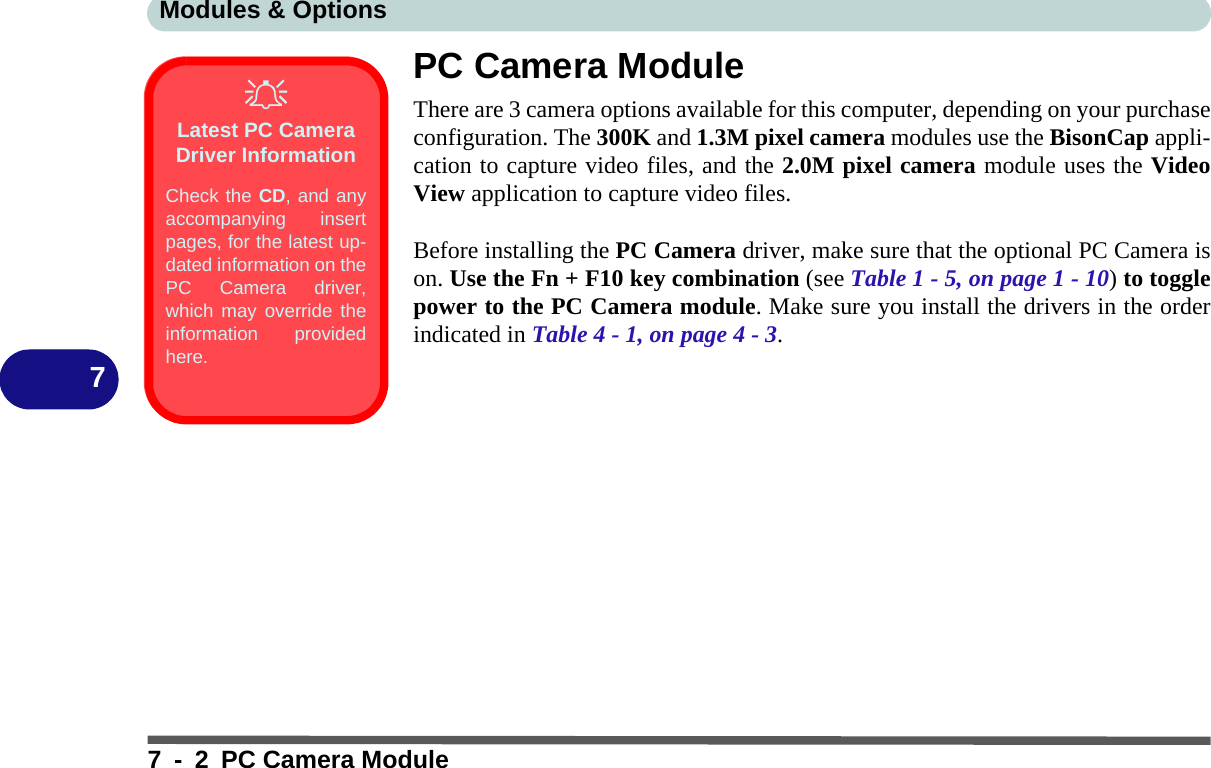 Modules &amp; Options7 - 2 PC Camera Module7PC Camera ModuleThere are 3 camera options available for this computer, depending on your purchaseconfiguration. The 300K and 1.3M pixel camera modules use the BisonCap appli-cation to capture video files, and the 2.0M pixel camera module uses the VideoView application to capture video files.Before installing the PC Camera driver, make sure that the optional PC Camera ison. Use the Fn + F10 key combination (see Table 1 - 5, on page 1 - 10) to togglepower to the PC Camera module. Make sure you install the drivers in the orderindicated in Table 4 - 1, on page 4 - 3.Latest PC Camera Driver InformationCheck the CD, and anyaccompanying insertpages, for the latest up-dated information on thePC Camera driver,which may override theinformation providedhere.