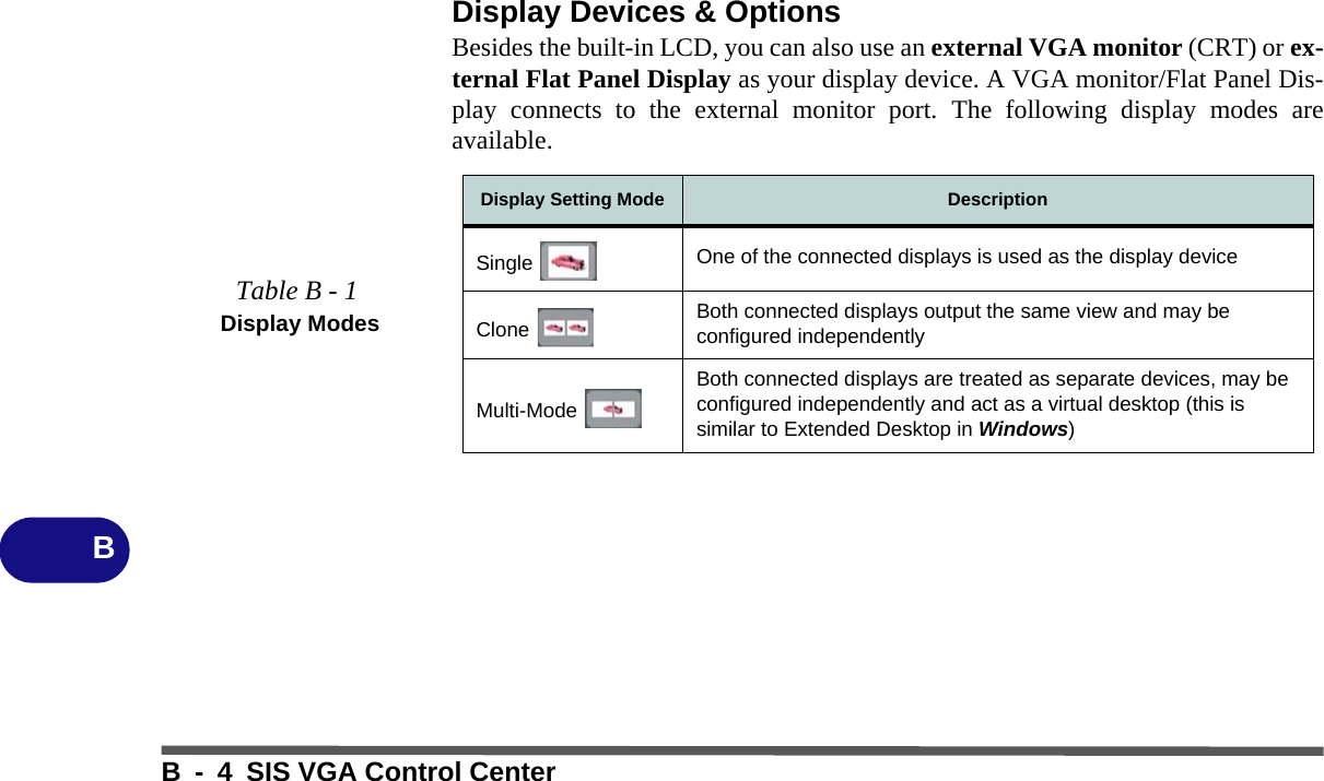 B - 4 SIS VGA Control CenterBDisplay Devices &amp; OptionsBesides the built-in LCD, you can also use an external VGA monitor (CRT) or ex-ternal Flat Panel Display as your display device. A VGA monitor/Flat Panel Dis-play connects to the external monitor port. The following display modes areavailable.Display Setting Mode DescriptionSingle  One of the connected displays is used as the display deviceClone  Both connected displays output the same view and may be configured independentlyMulti-Mode Both connected displays are treated as separate devices, may be configured independently and act as a virtual desktop (this is similar to Extended Desktop in Windows)Table B - 1 Display Modes