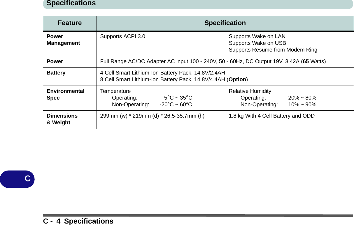 SpecificationsC - 4 SpecificationsCPower Management Supports ACPI 3.0 Supports Wake on LANSupports Wake on USBSupports Resume from Modem RingPower Full Range AC/DC Adapter AC input 100 - 240V, 50 - 60Hz, DC Output 19V, 3.42A (65 Watts)Battery 4 Cell Smart Lithium-Ion Battery Pack, 14.8V/2.4AH8 Cell Smart Lithium-Ion Battery Pack, 14.8V/4.4AH (Option)Environmental Spec TemperatureOperating:     5°C ~ 35°CNon-Operating:  -20°C ~ 60°CRelative HumidityOperating:  20% ~ 80%Non-Operating:  10% ~ 90%Dimensions &amp; Weight 299mm (w) * 219mm (d) * 26.5-35.7mm (h) 1.8 kg With 4 Cell Battery and ODDFeature Specification