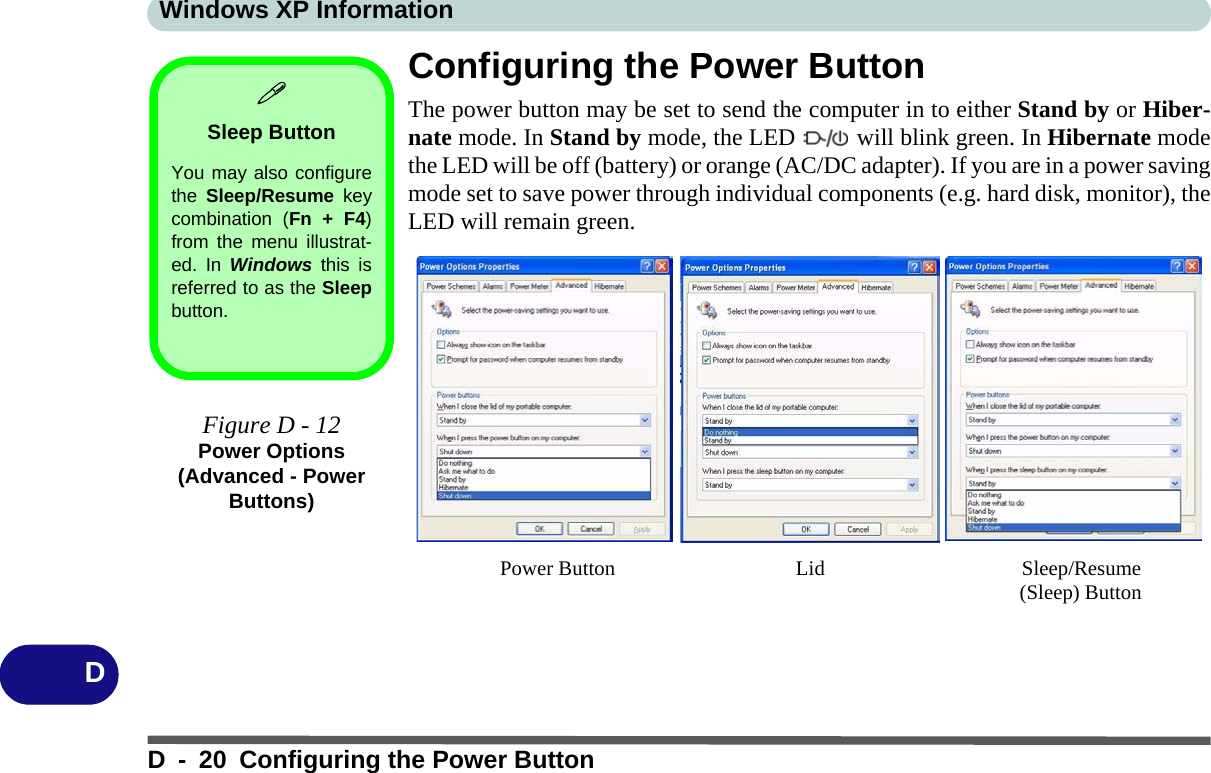 Windows XP InformationD - 20 Configuring the Power ButtonDConfiguring the Power ButtonThe power button may be set to send the computer in to either Stand by or Hiber-nate mode. In Stand by mode, the LED   will blink green. In Hibernate modethe LED will be off (battery) or orange (AC/DC adapter). If you are in a power savingmode set to save power through individual components (e.g. hard disk, monitor), theLED will remain green.Sleep ButtonYou may also configurethe  Sleep/Resume keycombination (Fn + F4)from the menu illustrat-ed. In Windows this isreferred to as the Sleepbutton.Figure D - 12Power Options(Advanced - Power Buttons)(Sleep) ButtonPower Button Sleep/ResumeLid