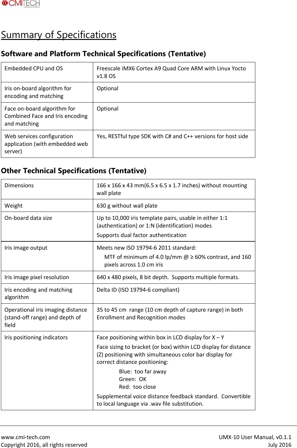  www.cmiCopyrightSummSoftwaEmbeddIrison‐bencodinFaceonCombinandmatWebserapplicatserver)Other TDimensiWeightOn‐boarIrisimagIrisimagIrisencoalgorithOperatio(stand‐ofieldIrispositi‐tech.comt2016,allrighmary of Sare and PladedCPUandOboardalgorithngandmatchin‐boardalgoritedFaceandIrtchingrvicesconfigution(withembTechnical ionsrddatasizegeoutputgepixelresoluodingandmatmonalirisimagioffrange)andtioningindicahtsreservedSpecificaatform TecOSmforngthmforrisencodingrationbeddedwebSpecificatutiontchingingdistancedepthoftorsations chnical SpFreescaleiMv1.8OSOptionalOptionalYes,RESTfuions (Tent166x166xwallplate630gwithoUpto10,00(authenticatSupportsduMeetsnewMTFofmpixelsac640x480pDeltaID(ISO35to45cmEnrollmentFacepositioFacesizingt(Z)positionicorrectdistaBluGreReSupplementtolocallangpecificationMX6CortexA9ltypeSDKwittative) 43mm(6.5xoutwallplate00iristemplattion)or1:N(idualfactorauthISO19794‐62minimumof4.ross1.0cmiriixels,8bitdepO19794‐6commrange(10cmandRecognitioningwithinbtobracket(oringwithsimulancepositioniue:toofaraween:OKd:tooclosetalvoicedistaguagevia.wavns (Tentat9QuadCoreAthC#andC++6.5x1.7incheepairs,usabledentification)hentication2011standard.0lp/mm@&ge;ispth.Supportsmpliant)mdepthofcapionmodesoxinLCDdispbox)withinLltaneouscoloring:wayncefeedbackvfilesubstitutUMive) ARMwithLinuversionsforhes)withoutmeineither1:1modesd:60%contrastsmultipleformpturerange)inplayforX&ndash;YCDdisplayforrbardisplayfostandard.Cotion.MX‐10UserMaxYoctohostsideountingt,and160mats.nbothrdistanceoronvertibleanual,v0.1.1July2016