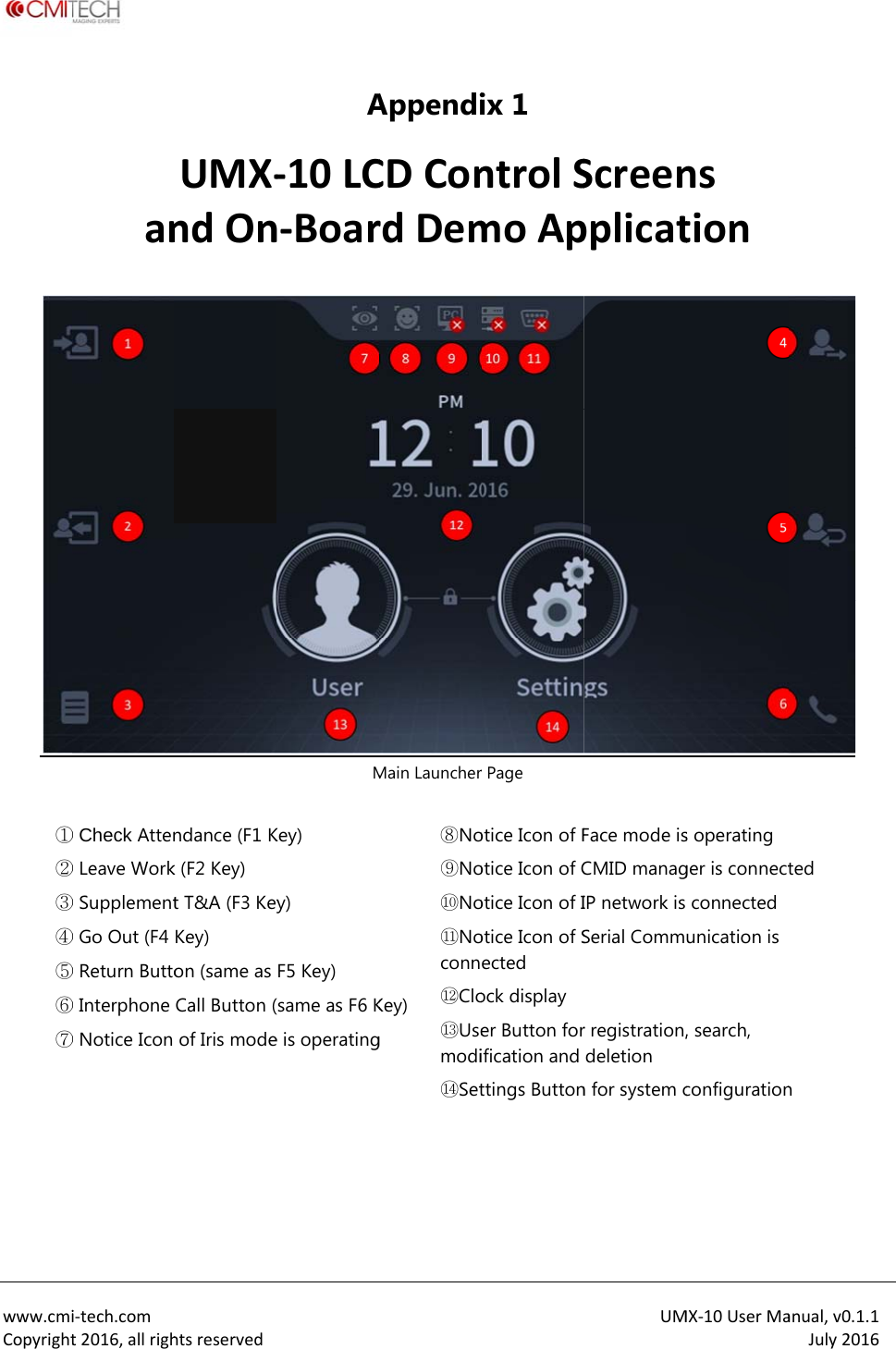  www.cmiCopyright ①②③④⑤⑥⑦     i‐tech.comt2016,allrighan① Check Atten② Leave Work③ Supplement④ Go Out (F4 ⑤ Return Butto⑥ Interphone ⑦ Notice Icon htsreservedUMX‐ndOnndance (F1 Kk (F2 Key) t T&amp;A (F3 KeyKey) on (same as Call Button (of Iris modeA‐10LCn‐BoarMKey) y) F5 Key) (same as F6 Ke is operatingAppendiCDConrdDemMain Launcher Key) g ⑧No⑨No⑩No⑪Noconn⑫Clo⑬Usemodi⑭Set ix 1 ntrolSmoApr Page otice Icon of Fotice Icon of Cotice Icon of Iotice Icon of Sected ock display er Button forification and ttings ButtonUMScreenpplicatFace mode isCMID managIP network is Serial Commr registration,deletion n for system cMX‐10UserManstions operating ger is connectconnected unication is , search, configurationanual,v0.1.1July2016 ted n 