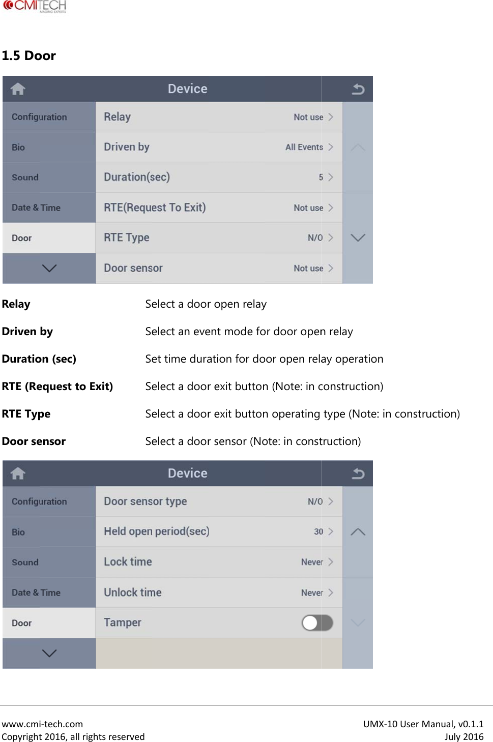  www.cmiCopyright1.5 DoRelay Driven DuratioRTE (ReRTE TypDoor sei‐tech.comt2016,allrighoor by on (sec) equest to Expe ensor htsreservedSeSeSexit) SeSeSeelect a doorelect an eveet time duraelect a doorelect a doorelect a doorr open relayent mode foation for dor exit buttonr exit buttonr sensor (Noy or door openoor open relan (Note: in cn operating ote: in constUMn relay ay operatioconstructiontype (Note:truction) MX‐10UserMan n) : in construcanual,v0.1.1July2016ction) 