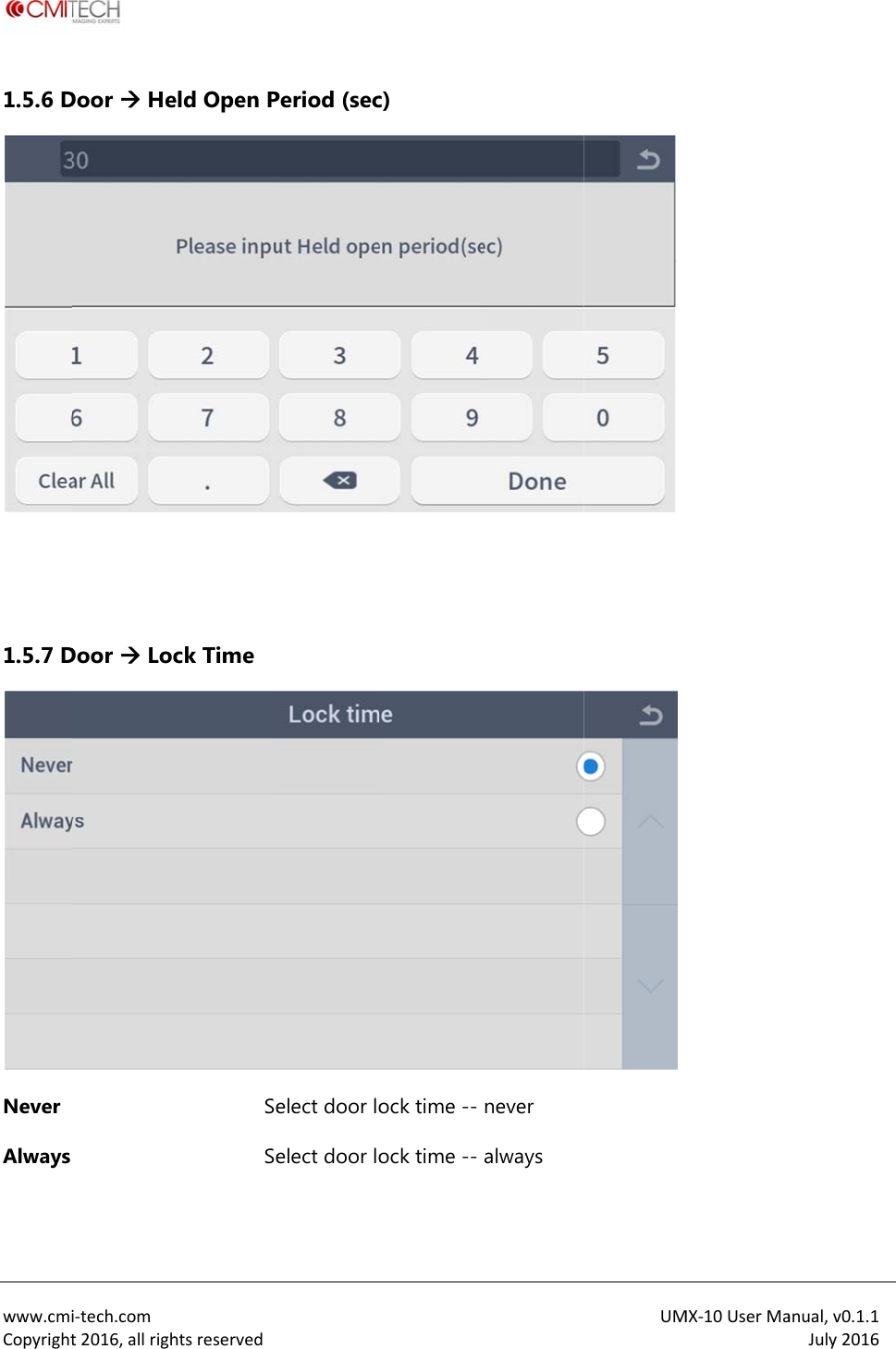  www.cmiCopyright1.5.6 D  1.5.7 DNever Always  i‐tech.comt2016,allrighDoor  HeDoor  Lochtsreservedeld Open Pck Time SeSePeriod (secelect door loelect door loc) ock time --ock time --never always UMMX‐10UserMaanual,v0.1.1July2016