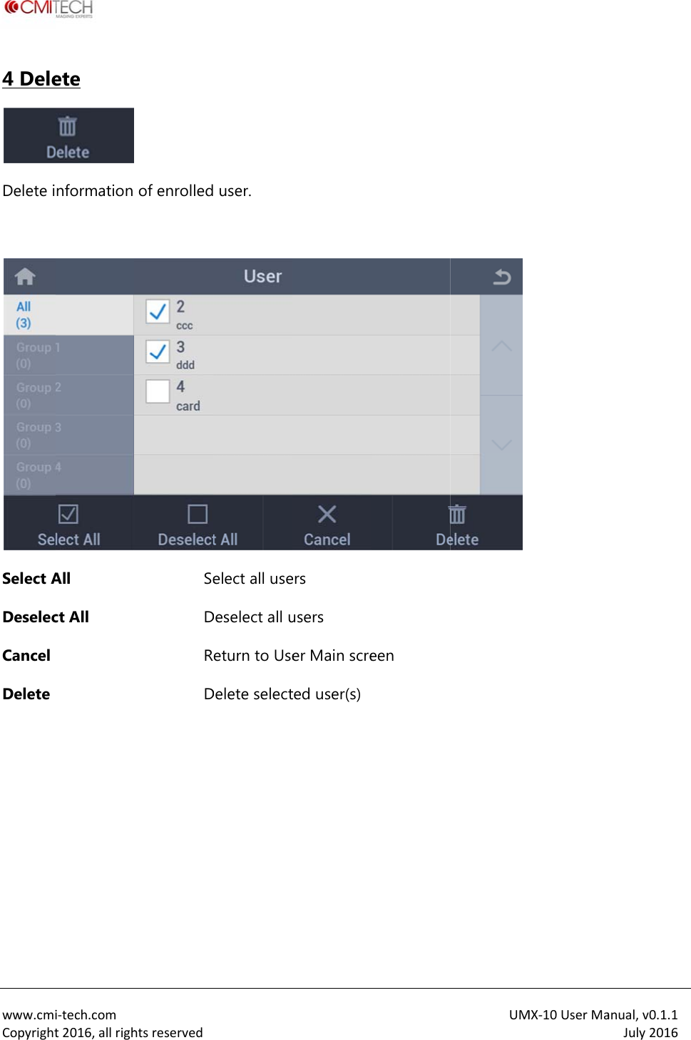  www.cmiCopyright4 DeleDelete i Select ADeselecCancel Delete   i‐tech.comt2016,allrighete  nformation All ct All htsreservedof enrolledSeDRD  user. elect all useDeselect all ueturn to UseDelete selecters users er Main screted user(s)een UMMX‐10UserMaanual,v0.1.1July2016