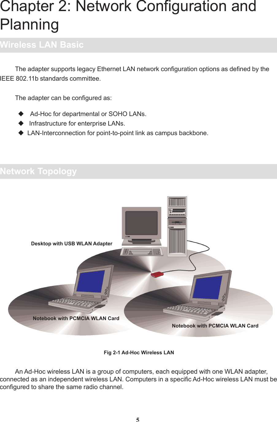 Chapter 2: Network Configuration andPlanningNetwork TopologyWireless LAN Basic5An Ad-Hoc wireless LAN is a group of computers, each equipped with one WLAN adapter,connected as an independent wireless LAN. Computers in a specific Ad-Hoc wireless LAN must beconfigured to share the same radio channel.Fig 2-1 Ad-Hoc Wireless LANNotebook with PCMCIA WLAN CardNotebook with PCMCIA WLAN CardDesktop with USB WLAN AdapterThe adapter supports legacy Ethernet LAN network configuration options as defined by theIEEE 802.11b standards committee.The adapter can be configured as: Ad-Hoc for departmental or SOHO LANs.   Infrastructure for enterprise LANs.  LAN-Interconnection for point-to-point link as campus backbone.