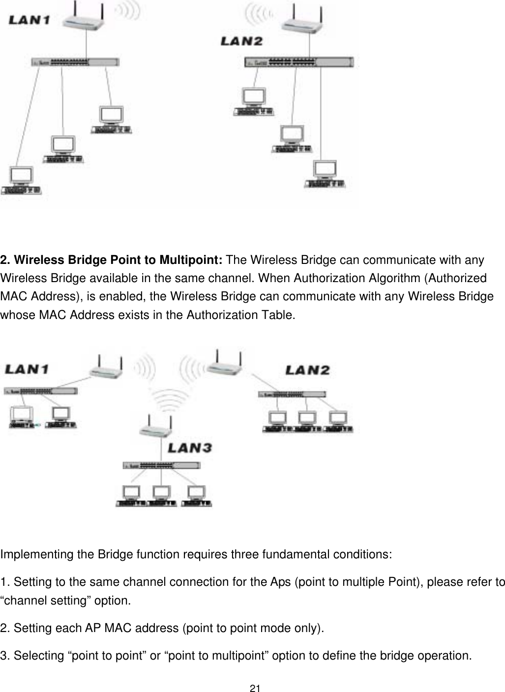            2. Wireless Bridge Point to Multipoint: The Wireless Bridge can communicate with any Wireless Bridge available in the same channel. When Authorization Algorithm (Authorized MAC Address), is enabled, the Wireless Bridge can communicate with any Wireless Bridge whose MAC Address exists in the Authorization Table.  Implementing the Bridge function requires three fundamental conditions: 1. Setting to the same channel connection for the Aps (point to multiple Point), please refer to “channel setting” option. 2. Setting each AP MAC address (point to point mode only). 3. Selecting “point to point” or “point to multipoint” option to define the bridge operation.  21