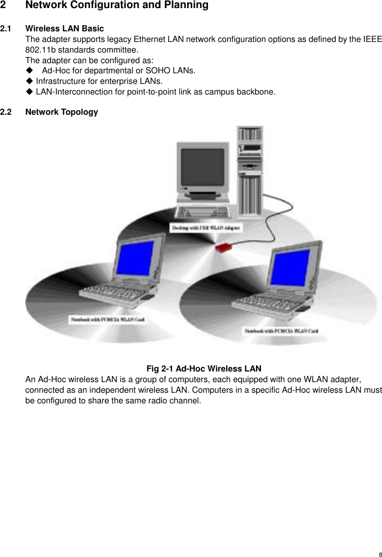  82  Network Configuration and Planning 2.1  Wireless LAN Basic The adapter supports legacy Ethernet LAN network configuration options as defined by the IEEE 802.11b standards committee. The adapter can be configured as:  Ad-Hoc for departmental or SOHO LANs.  Infrastructure for enterprise LANs.  LAN-Interconnection for point-to-point link as campus backbone. 2.2 Network Topology  Fig 2-1 Ad-Hoc Wireless LAN An Ad-Hoc wireless LAN is a group of computers, each equipped with one WLAN adapter, connected as an independent wireless LAN. Computers in a specific Ad-Hoc wireless LAN must be configured to share the same radio channel. 