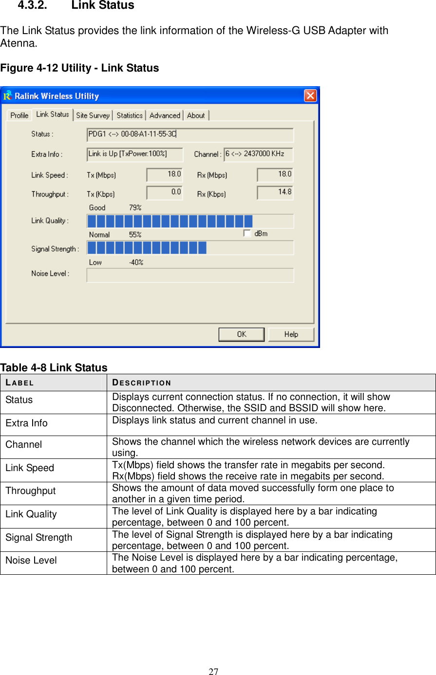  27 4.3.2.   Link Status  The Link Status provides the link information of the Wireless-G USB Adapter with Atenna.  Figure 4-12 Utility - Link Status    Table 4-8 Link Status LABE L DE S CR IP T IO N Status  Displays current connection status. If no connection, it will show Disconnected. Otherwise, the SSID and BSSID will show here. Extra Info  Displays link status and current channel in use. Channel  Shows the channel which the wireless network devices are currently using. Link Speed  Tx(Mbps) field shows the transfer rate in megabits per second. Rx(Mbps) field shows the receive rate in megabits per second. Throughput  Shows the amount of data moved successfully form one place to another in a given time period. Link Quality  The level of Link Quality is displayed here by a bar indicating percentage, between 0 and 100 percent. Signal Strength  The level of Signal Strength is displayed here by a bar indicating percentage, between 0 and 100 percent. Noise Level  The Noise Level is displayed here by a bar indicating percentage, between 0 and 100 percent.     