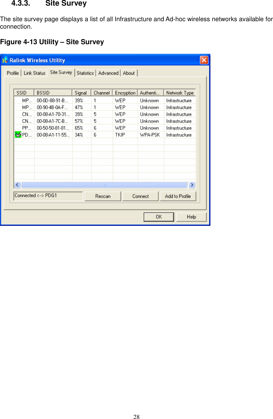  28  4.3.3.   Site Survey  The site survey page displays a list of all Infrastructure and Ad-hoc wireless networks available for connection.  Figure 4-13 Utility – Site Survey                      