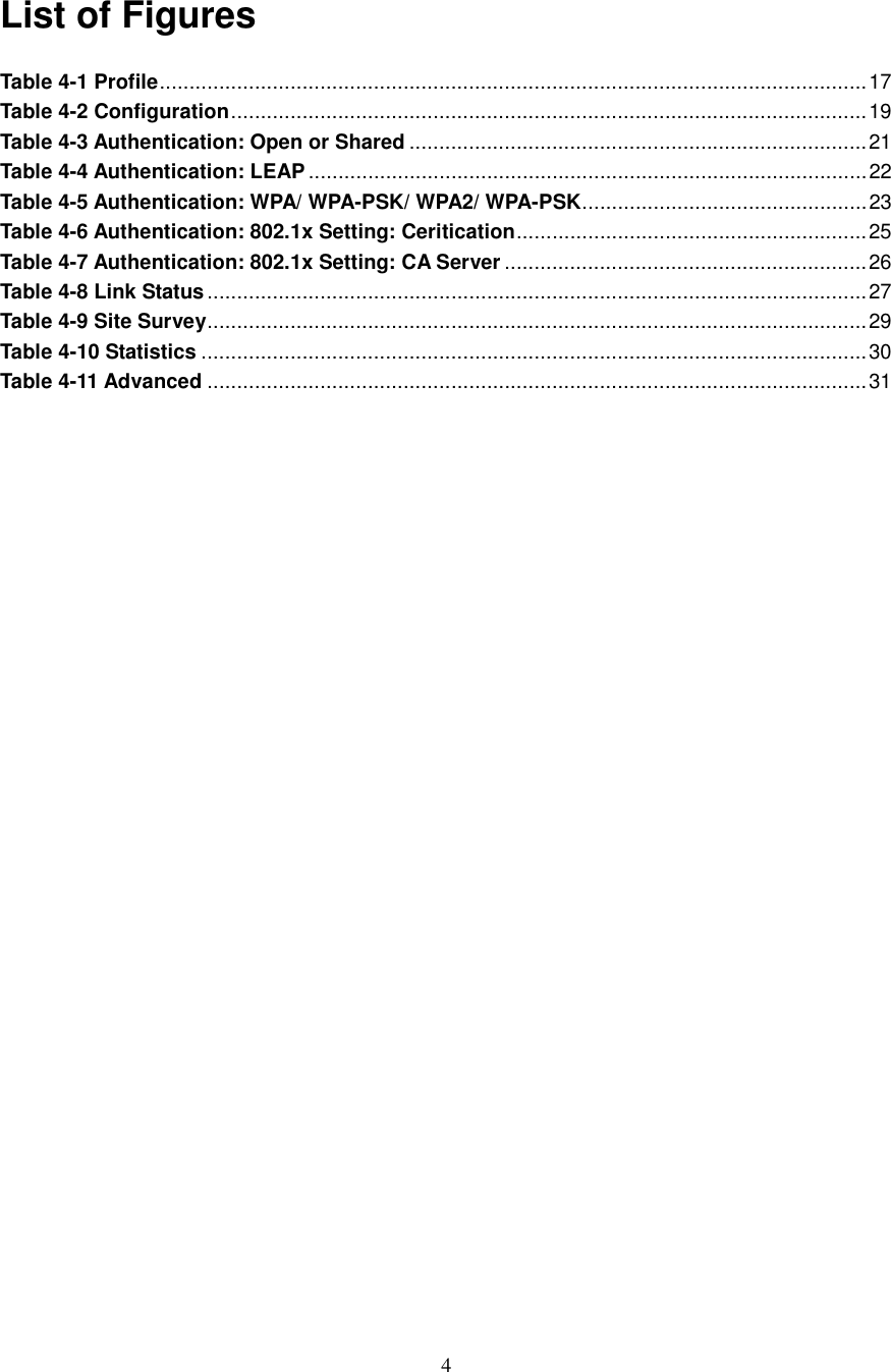  4  List of Figures  Table 4-1 Profile.......................................................................................................................17 Table 4-2 Configuration...........................................................................................................19 Table 4-3 Authentication: Open or Shared .............................................................................21 Table 4-4 Authentication: LEAP..............................................................................................22 Table 4-5 Authentication: WPA/ WPA-PSK/ WPA2/ WPA-PSK................................................23 Table 4-6 Authentication: 802.1x Setting: Ceritication...........................................................25 Table 4-7 Authentication: 802.1x Setting: CA Server .............................................................26 Table 4-8 Link Status...............................................................................................................27 Table 4-9 Site Survey...............................................................................................................29 Table 4-10 Statistics ................................................................................................................30 Table 4-11 Advanced ...............................................................................................................31                 