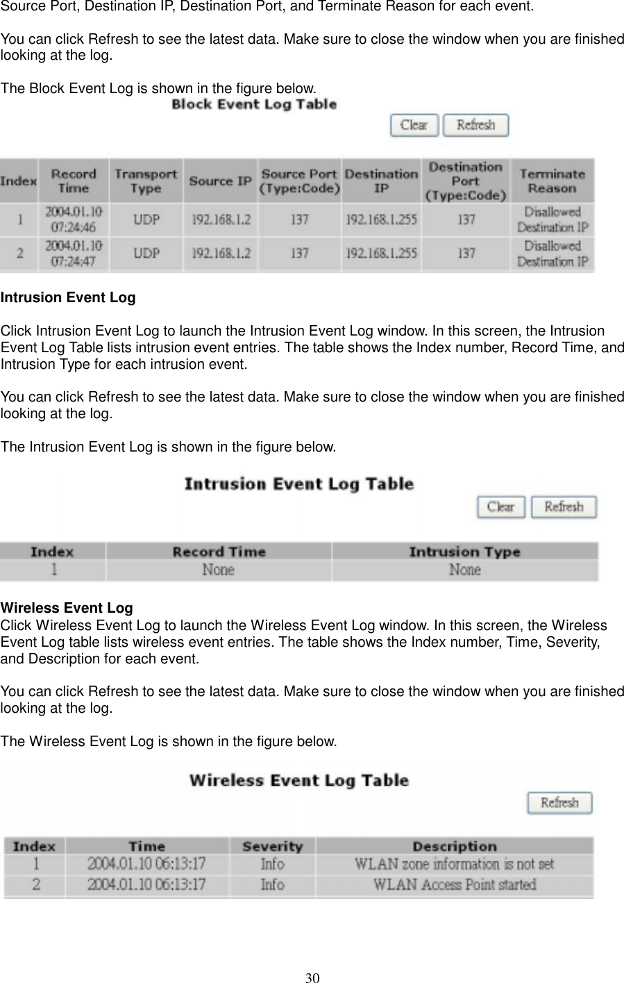  30Source Port, Destination IP, Destination Port, and Terminate Reason for each event.    You can click Refresh to see the latest data. Make sure to close the window when you are finished looking at the log.  The Block Event Log is shown in the figure below.   Intrusion Event Log  Click Intrusion Event Log to launch the Intrusion Event Log window. In this screen, the Intrusion Event Log Table lists intrusion event entries. The table shows the Index number, Record Time, and Intrusion Type for each intrusion event.    You can click Refresh to see the latest data. Make sure to close the window when you are finished looking at the log.  The Intrusion Event Log is shown in the figure below.    Wireless Event Log Click Wireless Event Log to launch the Wireless Event Log window. In this screen, the Wireless Event Log table lists wireless event entries. The table shows the Index number, Time, Severity, and Description for each event.  You can click Refresh to see the latest data. Make sure to close the window when you are finished looking at the log.  The Wireless Event Log is shown in the figure below.     