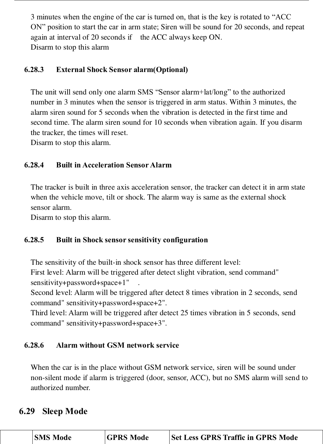   3 minutes when the engine of the car is turned on, that is the key is rotated to “ACC ON” position to start the car in arm state; Siren will be sound for 20 seconds, and repeat again at interval of 20 seconds if    the ACC always keep ON.     Disarm to stop this alarm 6.28.3 External Shock Sensor alarm(Optional) The unit will send only one alarm SMS “Sensor alarm+lat/long” to the authorized number in 3 minutes when the sensor is triggered in arm status. Within 3 minutes, the alarm siren sound for 5 seconds when the vibration is detected in the first time and second time. The alarm siren sound for 10 seconds when vibration again. If you disarm the tracker, the times will reset.   Disarm to stop this alarm. 6.28.4 Built in Acceleration Sensor Alarm   The tracker is built in three axis acceleration sensor, the tracker can detect it in arm state when the vehicle move, tilt or shock. The alarm way is same as the external shock sensor alarm.   Disarm to stop this alarm. 6.28.5 Built in Shock sensor sensitivity configuration The sensitivity of the built-in shock sensor has three different level: First level: Alarm will be triggered after detect slight vibration, send command&quot; sensitivity+password+space+1&quot;  . Second level: Alarm will be triggered after detect 8 times vibration in 2 seconds, send command&quot; sensitivity+password+space+2&quot;. Third level: Alarm will be triggered after detect 25 times vibration in 5 seconds, send command&quot; sensitivity+password+space+3&quot;. 6.28.6 Alarm without GSM network service When the car is in the place without GSM network service, siren will be sound under non-silent mode if alarm is triggered (door, sensor, ACC), but no SMS alarm will send to authorized number. 6.29 Sleep Mode  SMS Mode GPRS Mode Set Less GPRS Traffic in GPRS Mode 