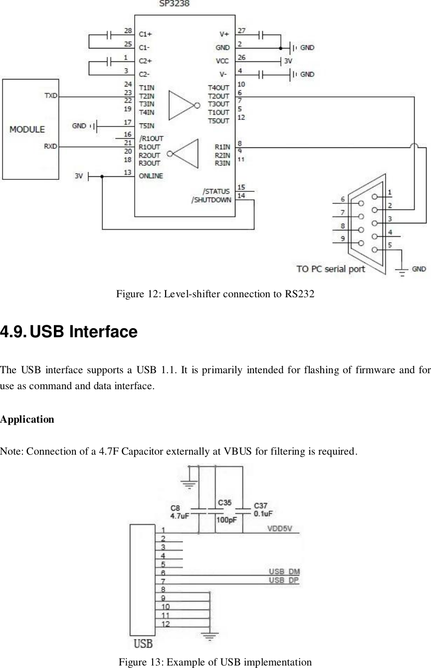  Figure 12: Level-shifter connection to RS232 4.9. USB Interface The  USB interface supports a USB 1.1. It is primarily intended for flashing of firmware and for use as command and data interface. Application Note: Connection of a 4.7F Capacitor externally at VBUS for filtering is required.  Figure 13: Example of USB implementation 